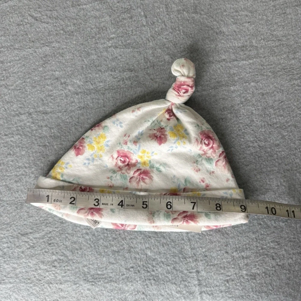 New Janie And Jack White Pink‎ Floral Top Knot Baby Hat 18-24 Months